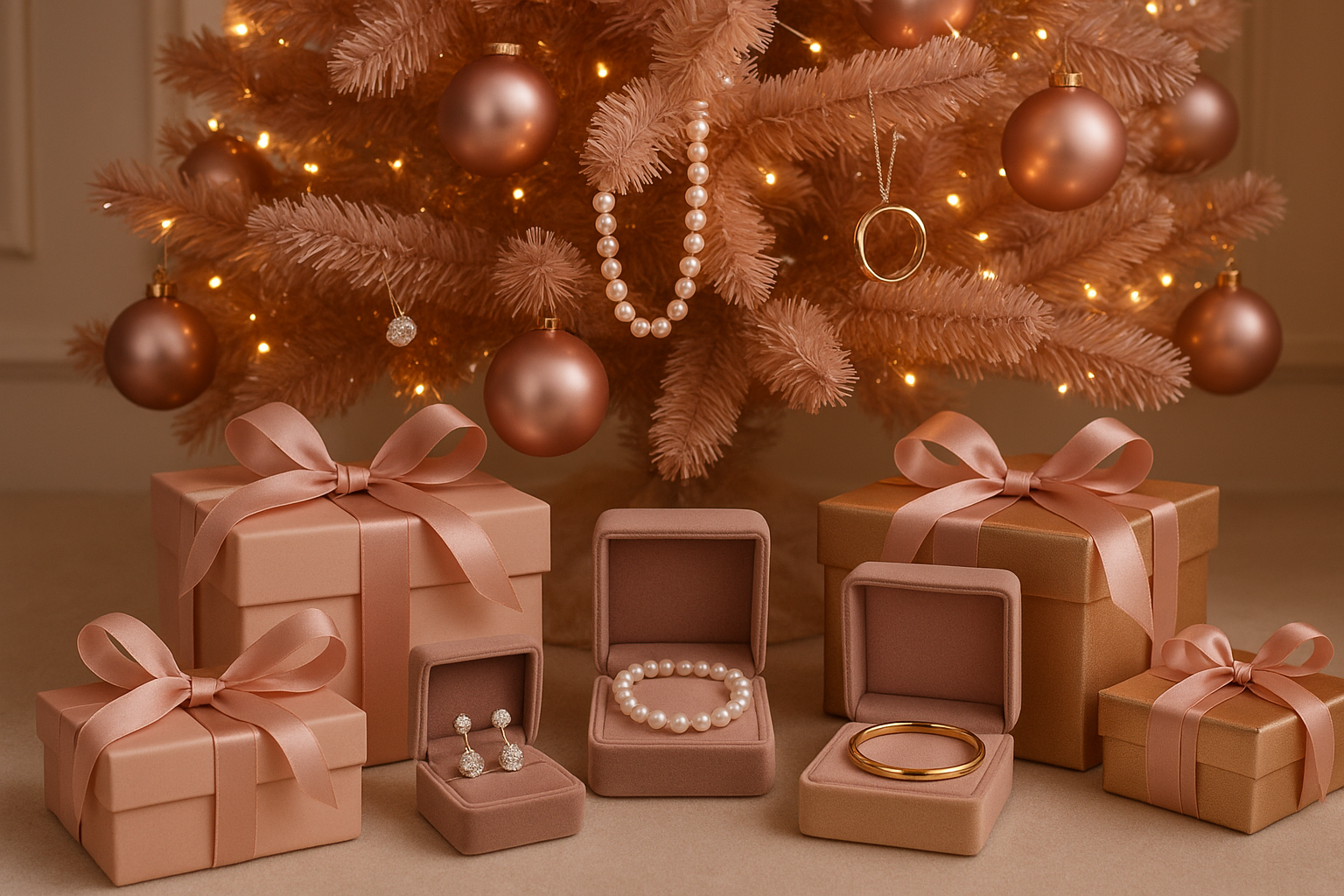 Pink Christmas decorations with jewelry as gifts 
